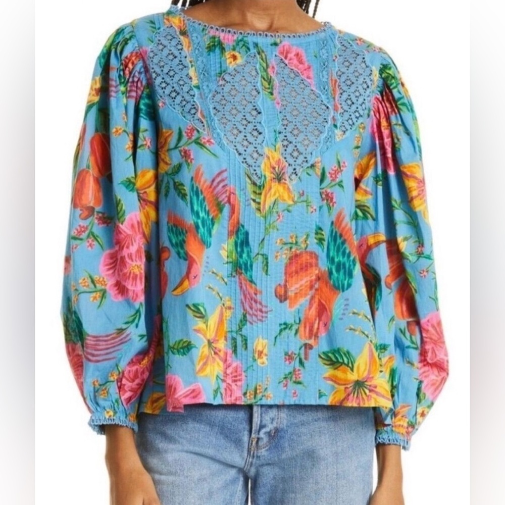 Farm Rio Toucans Lace Inset Balloon Sleeve Cotton Blouse